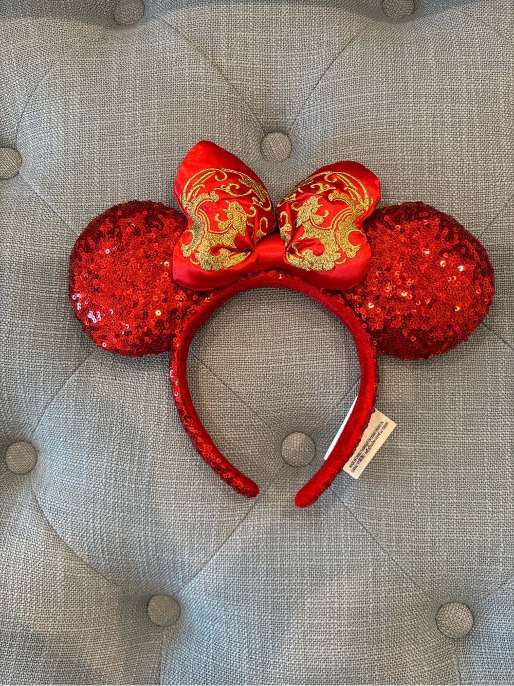 Disney Red Sequin Ear Headband with Gold-Accented Bow